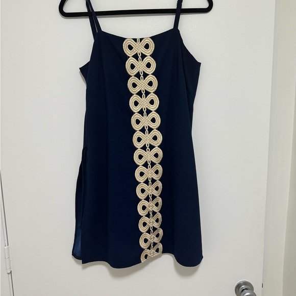 Lilly Pulitzer Nwot Sahar Navy/Gold Embroidered Accent Slip Strap Romper SIZE 6 - Picture 2 of 5